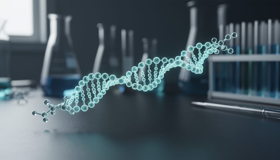 Glowing peptide-like molecular structure with a fatty-acid tail on a dark medical lab background, representing tesamorelin’s hexenoyl modification.