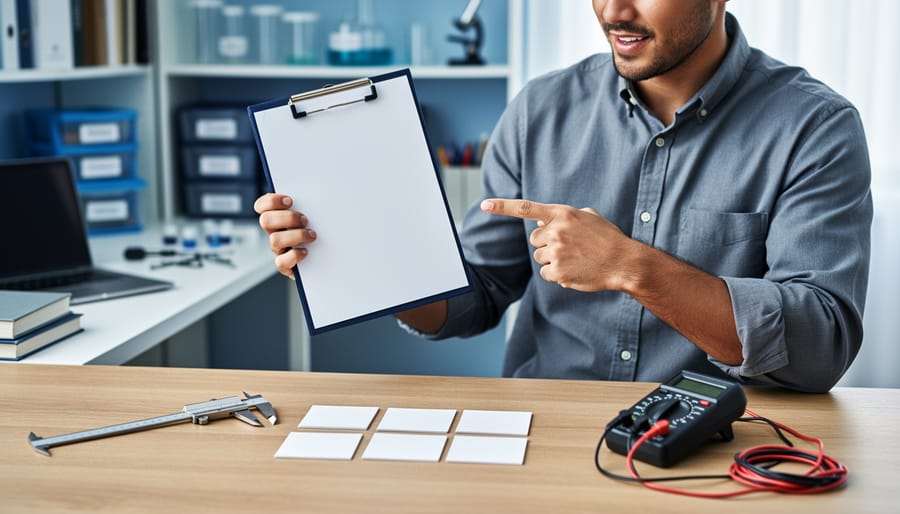 Engineering tools and a blank clipboard on a study table, with a person’s hands preparing for experimentation and data analysis in a homeschool setting.
