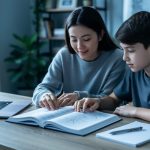 Parent and high school student studying an open calculus textbook together at a desk during a homeschool session.