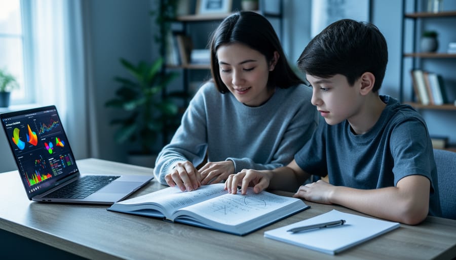 Parent and high school student studying an open calculus textbook together at a desk during a homeschool session.