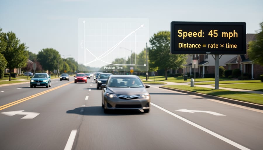 Car moving on a road under an overcast sky to illustrate ideas of change over distance