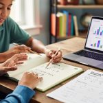 Homeschool parent and teen studying math and science materials at a desk with a notebook and open worksheet under soft natural light.