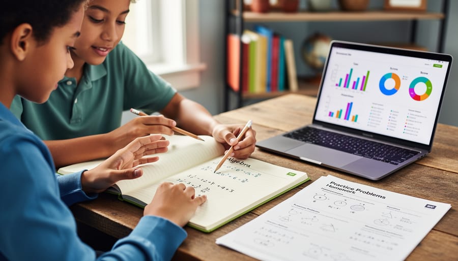 Homeschool parent and teen studying math and science materials at a desk with a notebook and open worksheet under soft natural light.