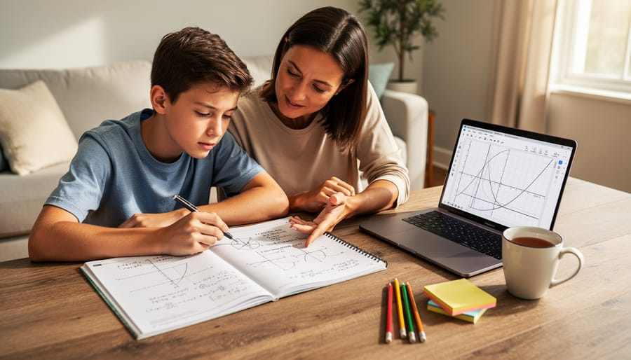 Parent and teen studying calculus materials at a kitchen table with an open notebook