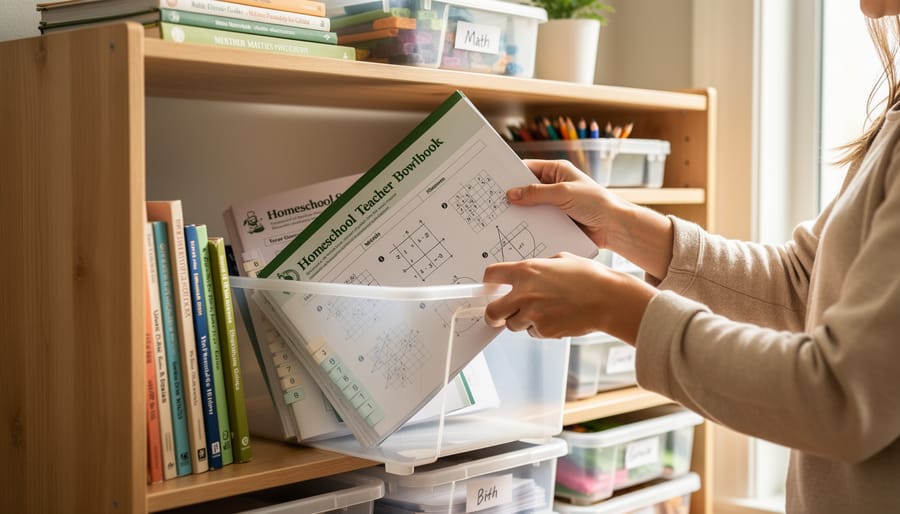 Parent’s hands pulling a math workbook and teacher guide from organized homeschool storage on a bookshelf while other learning materials sit neatly in the background.