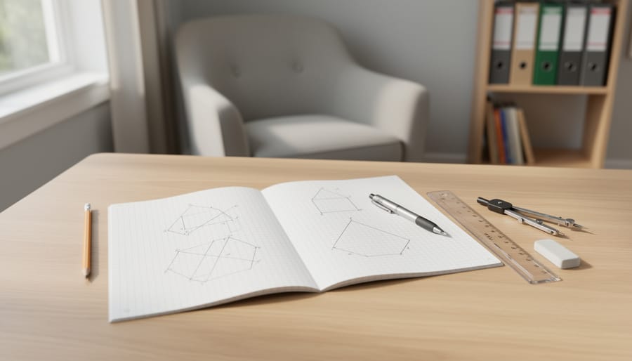 Homeschool desk with graph paper, pencil, and calculator ready for learning trace.