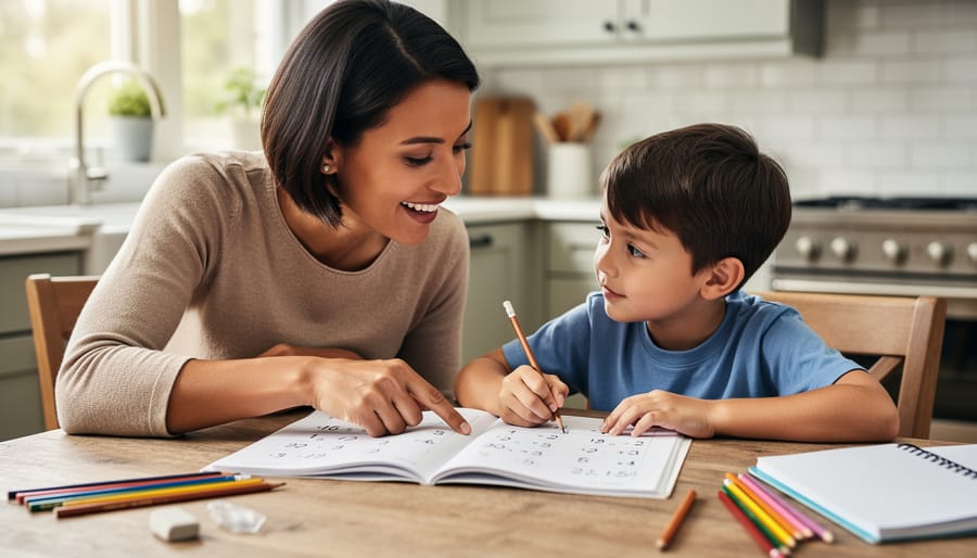 Parent and child studying a notebook together at a table.