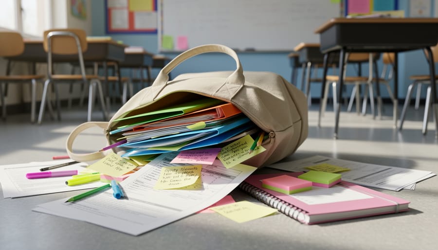 Homeschool papers and worksheets spilling from an open tote bag on the floor