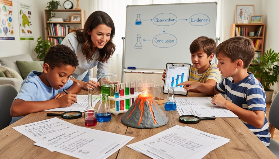Science fair materials on a tabletop with seeds, magnifying glass, and a student notebook in a classroom setting.