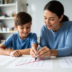 Parent and child seated at a desk with a whiteboard, highlighting the diagonal of square matrix grids with a colored marker while studying trace in linear algebra.