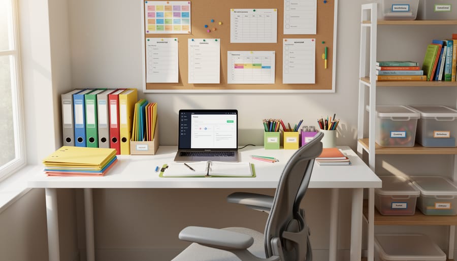 Clean homeschool learning station with binder, stacked books, and a pencil cup on a desk