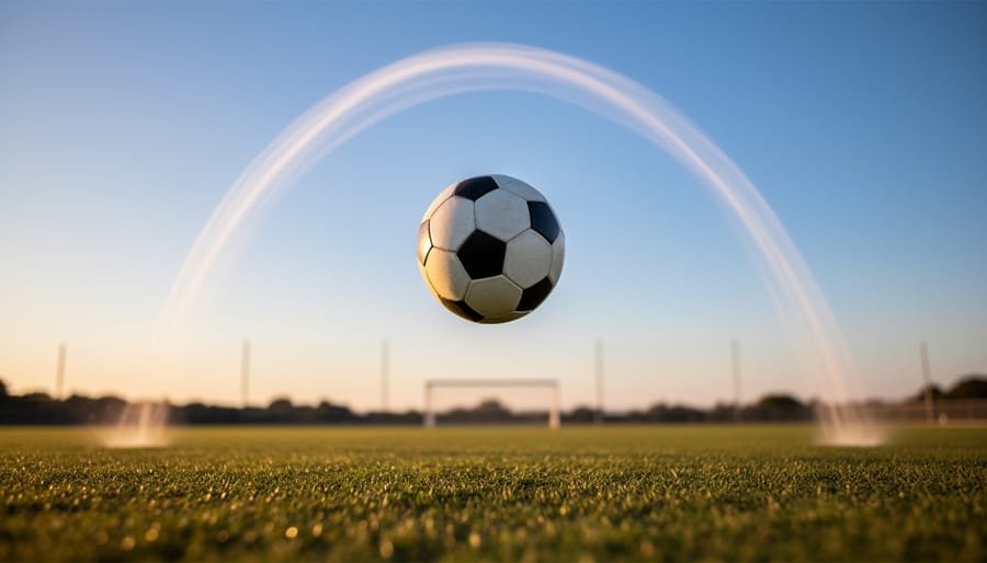 A baseball traveling in a curved arc during twilight lighting.