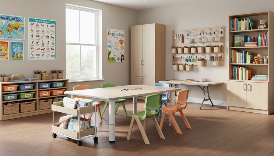 Built-in shelving and accessible storage in a finished homeschool learning room with an area rug for flexible activities.