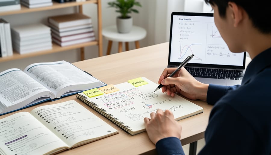 Close-up of a student’s hand writing in a notebook next to printed study pages and a calculator.
