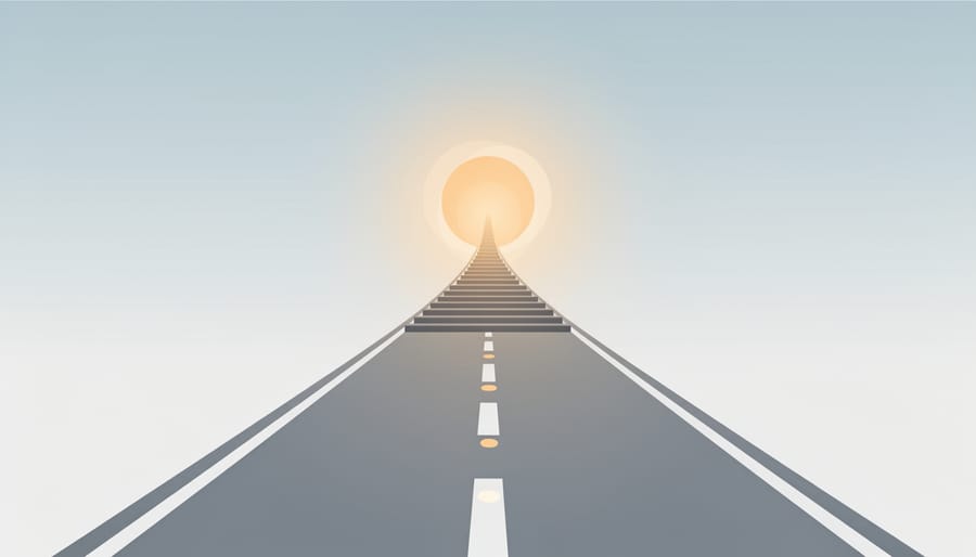 A winding road leading toward a warm light in the distance symbolizing steady progress in learning calculus.