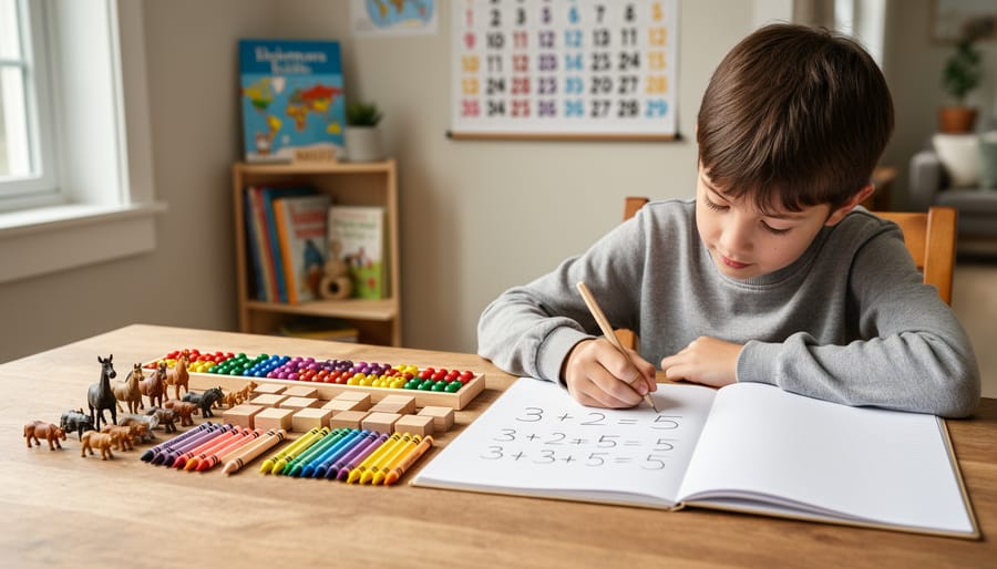 Child writing at a desk with base-ten blocks nearby, with the focus on the hand and manipulatives rather than readable text.