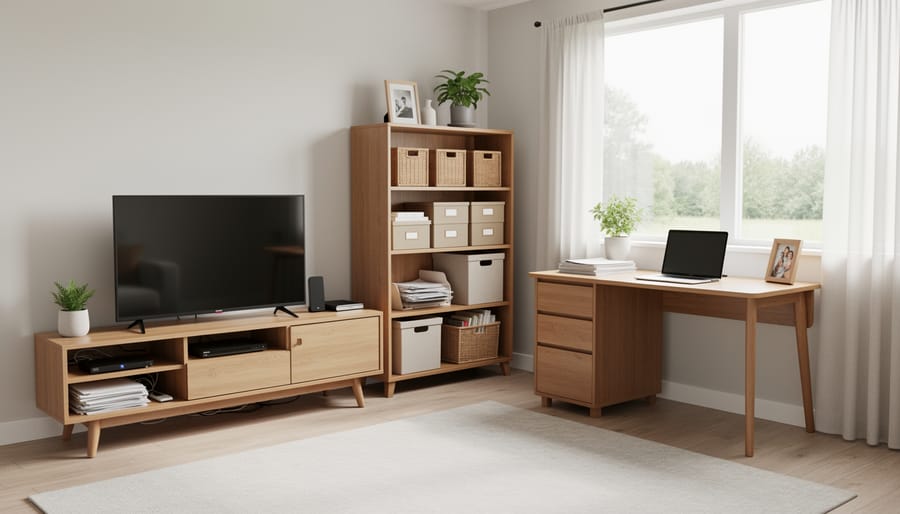 A living room with cleared surfaces and neatly arranged homeschool items and entryway storage.