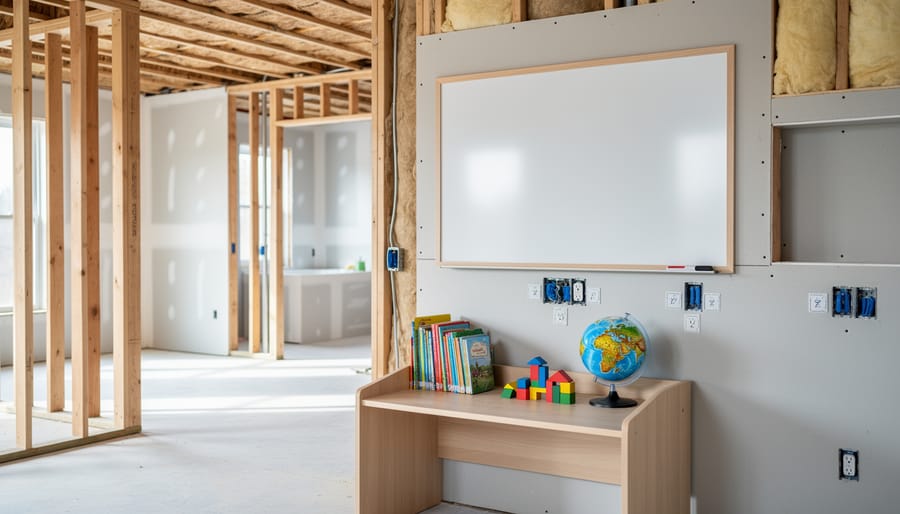 “Child-height learning desk with books and building blocks in an open-plan unfinished renovation space, beside planned shelving and visible electrical outlets.”