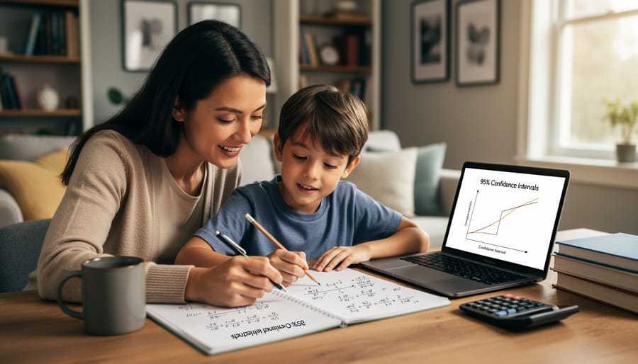A parent and child sit at a kitchen table reviewing a worksheet together with a pencil.