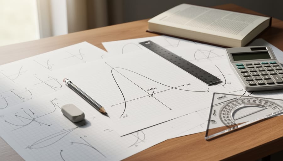 Graph paper, pencils, and a pencil case arranged neatly on a study table.
