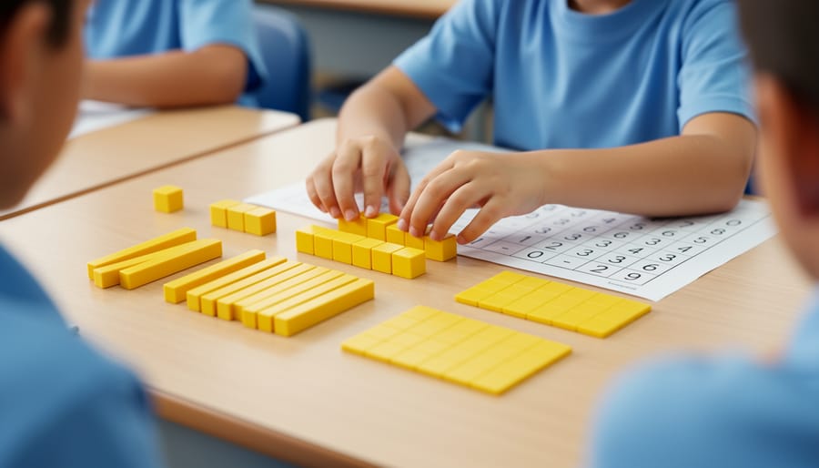 Parent and child hands grouping base-ten blocks into separate piles on a kitchen table for place value practice.