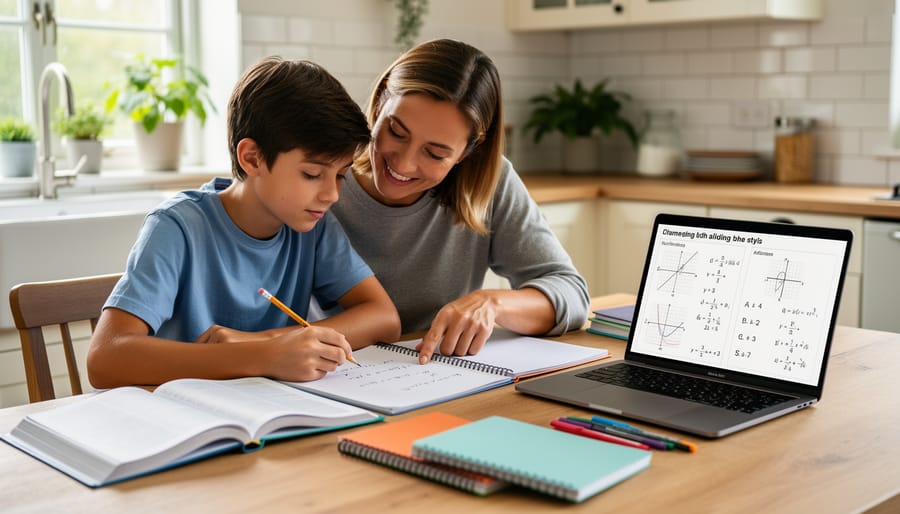 Homeschool parent and student reviewing algebra materials at a wooden desk.