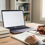 Parent working at home with an open laptop and notebook, representing a homeschooling guide for Calculus I study.