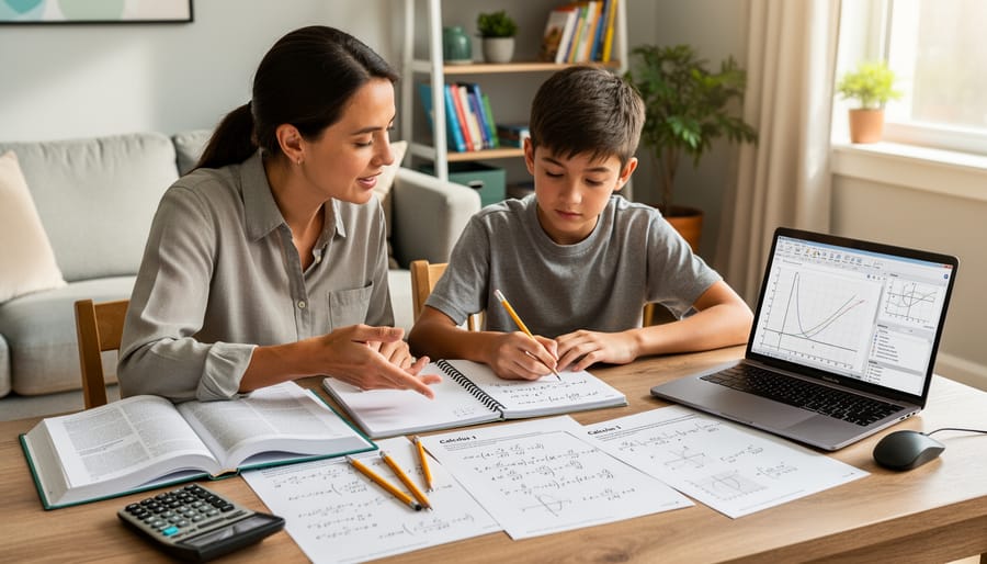 Homeschool family working with an open notebook, tablet, and calculator at a table.