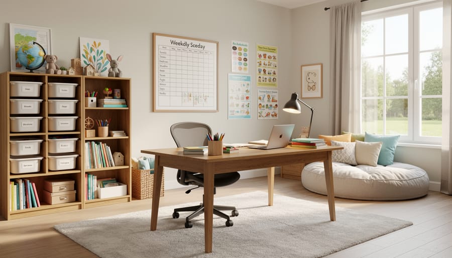 Children working at a table in a bright homeschool learning space with science materials and built-in storage.