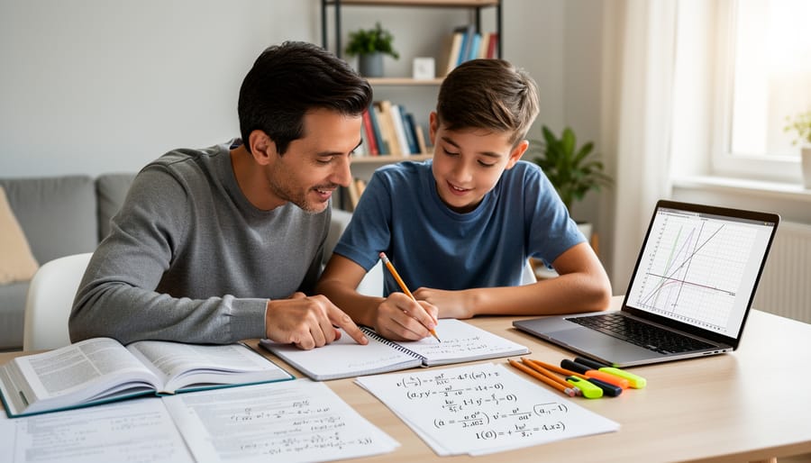 Homeschool parent and teen studying math materials at a wooden table with a tablet and workbook