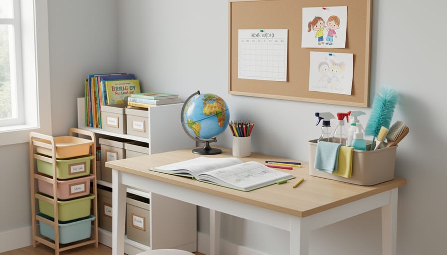 Open workbook on a homeschool table with a nearby cleaning caddy and neatly organized storage bins in the background.