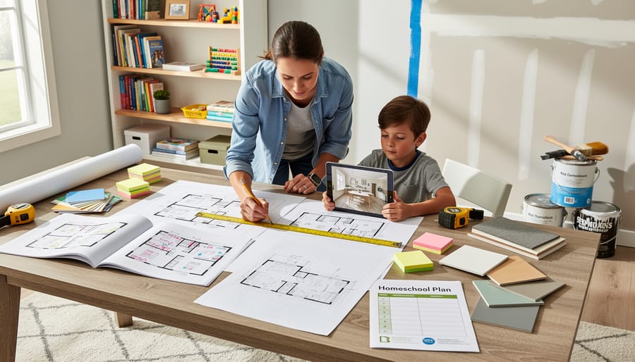 Parent measuring and reviewing planning materials for a homeschool learning space during a home renovation.