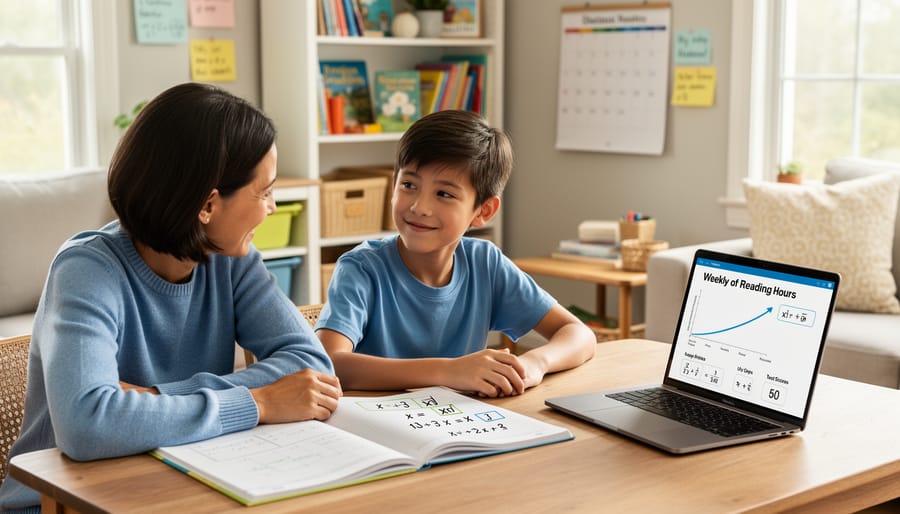 Parent and child studying together at a homeschool table with math materials and blank worksheets.