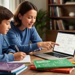 Homeschooling parent and teen studying math together at a wooden desk with books, math manipulatives, and a laptop open in a bright home learning space.