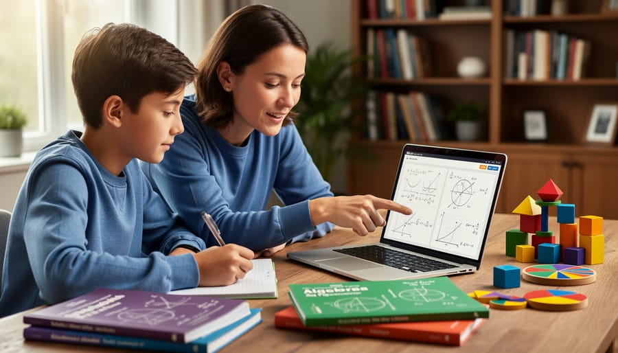 Homeschooling parent and teen studying math together at a wooden desk with books, math manipulatives, and a laptop open in a bright home learning space.