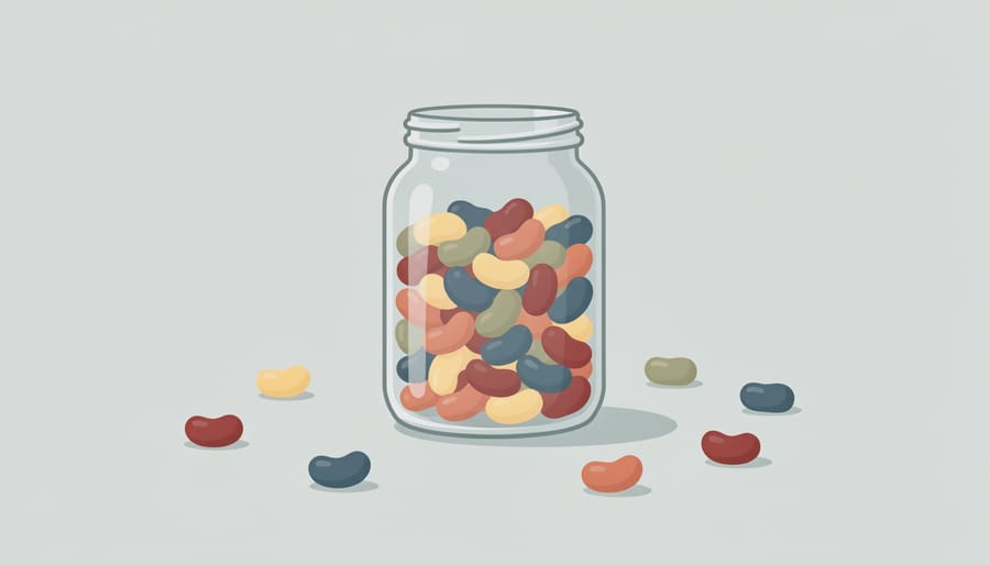 Colorful jellybeans in a clear jar on a kitchen surface, suggesting a quantity estimate.