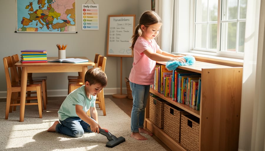 A parent supervising children wiping kitchen surfaces with cloths and cleaning supplies.