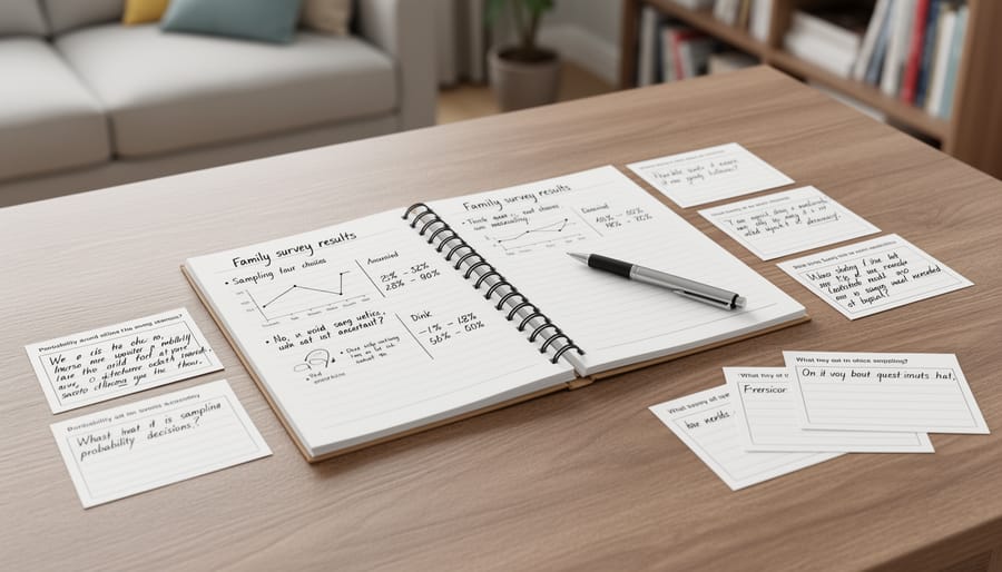 Notebook and survey cards on a desk with the outdoor garden softly blurred in the background.
