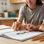 Parent and teen studying a math workbook at a kitchen table together, suggesting confidence intervals in statistics through a simple visual ribbon icon without text.