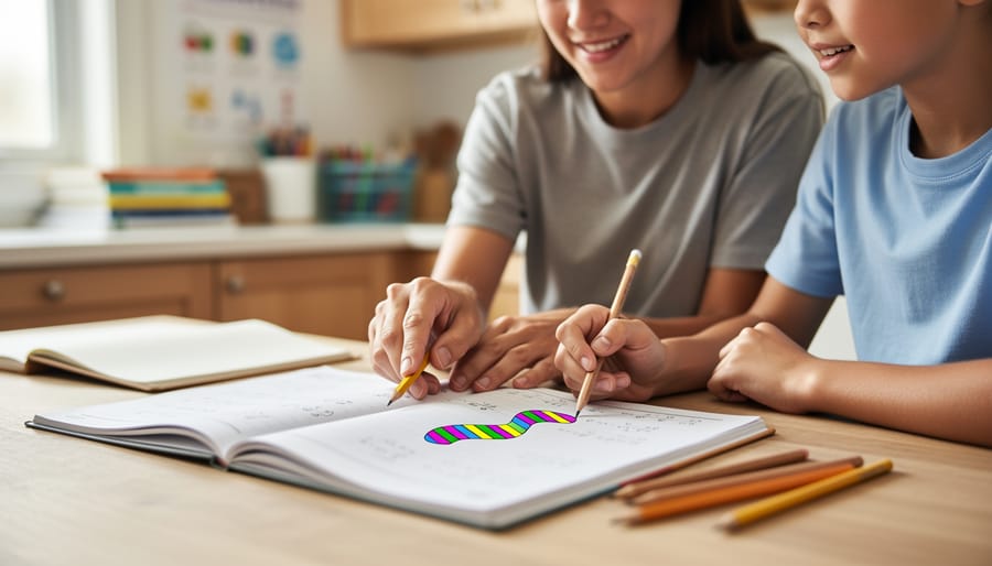 Parent and teen studying a math workbook at a kitchen table together, suggesting confidence intervals in statistics through a simple visual ribbon icon without text.