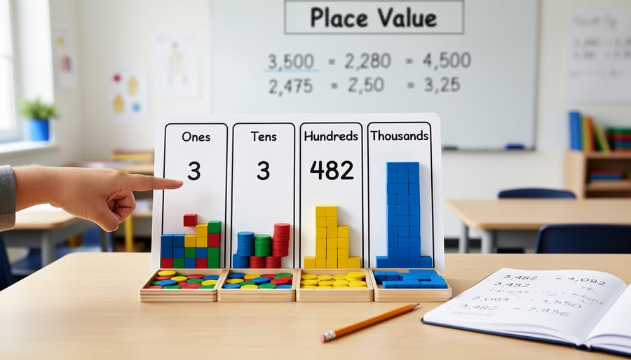 Homeschool place-value setup with colored columns and blank cards arranged with base-ten blocks, shot on a tabletop.