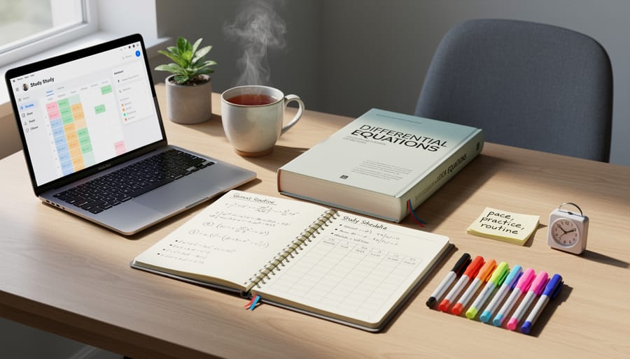 Close-up of a spiral notebook, pencil, and study tools on a desk
