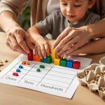 Parent and child hands arranging base-ten blocks and small beans on a tabletop place-value chart during a homeschool math lesson