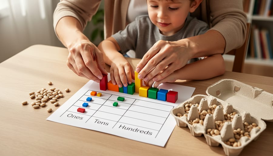 Parent and child hands arranging base-ten blocks and small beans on a tabletop place-value chart during a homeschool math lesson