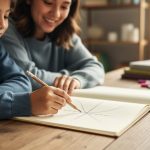 Homeschool parent and child working together at a table with pencils and a whiteboard while practicing math related to the vertex of a parabola.