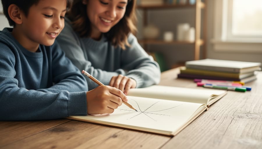 Homeschool parent and child working together at a table with pencils and a whiteboard while practicing math related to the vertex of a parabola.
