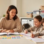 Parent and children homeschooling together at a clean kitchen table with open workbook and organized storage bins nearby.