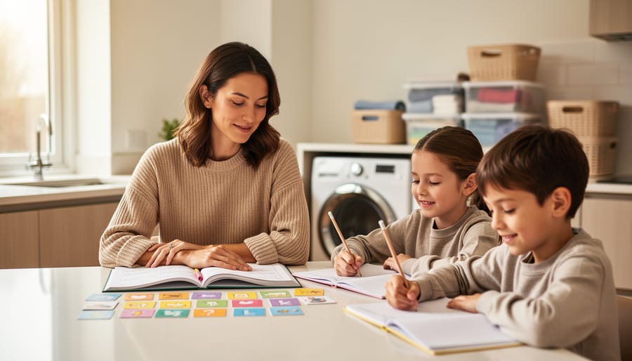 Parent and children homeschooling together at a clean kitchen table with open workbook and organized storage bins nearby.