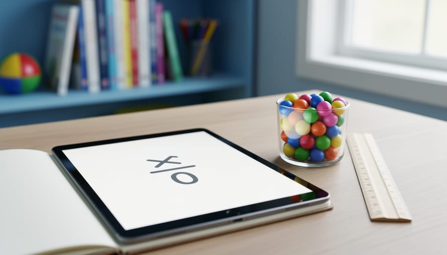 Close-up of a homeschool math desk with a notebook and tablet showing a simple math symbol area, plus colored counting pieces under soft natural light.